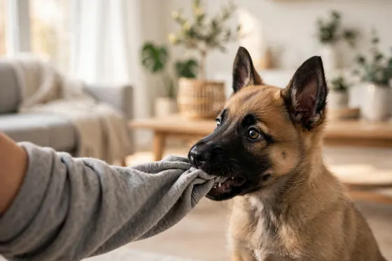A Malinois puppy tugging on a person's hoodie sleeve