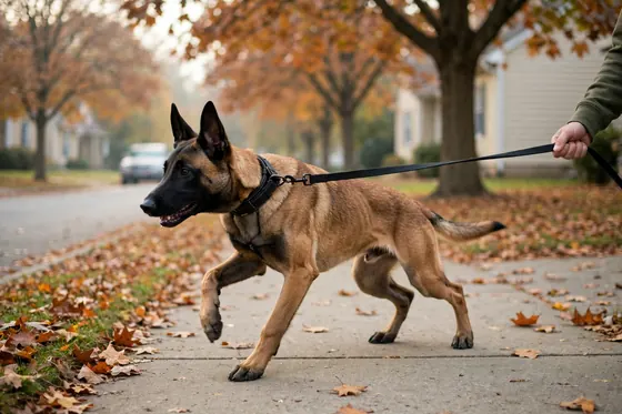 A young Malinois pulling hard on a leash on a sidewalk
