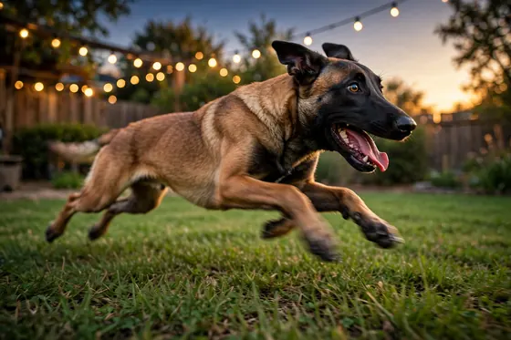 A young Malinois sprinting across a backyard lawn at dusk
