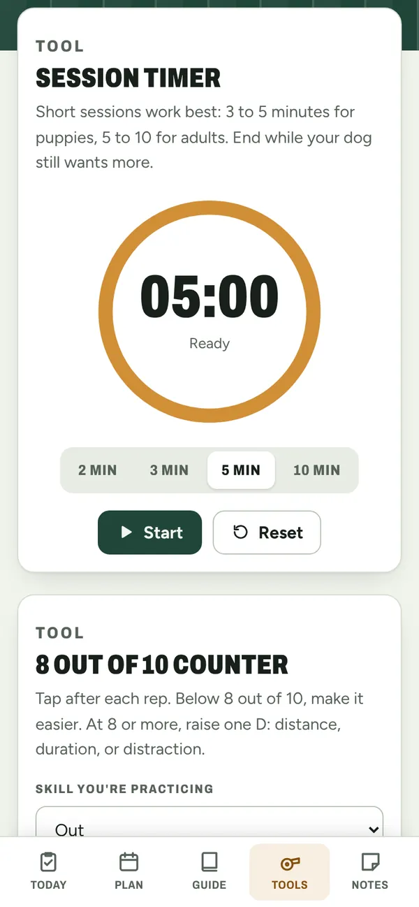 A five-minute session timer and an 8 out of 10 rep counter